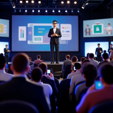 A tech expert standing on a stage, dressed in a smart, tailored suit with glasses perched on their nose. They are holding a sleek, modern gadget with a glowing screen. The stage is equipped with bright lights and large screens displaying the gadget’s features. An enthusiastic audience of diverse individuals is seated in front of the stage, some taking notes, others using their smartphones to capture the moment. The atmosphere is vibrant and engaging, with a sense of excitement in the air.
