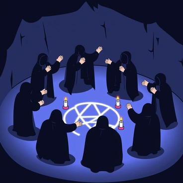A group of cloaked figures performing a black magic ritual in a dark cavern