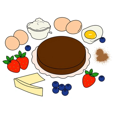 A colorful collage featuring various ingredients used to make a traditional torte. In the center, there is a round cake layer made of rich, dark chocolate. Surrounding the cake are several eggs with golden yolks, a small pile of white flour, and a scoop of finely granulated sugar. Fresh, ripe strawberries and blueberries are scattered throughout the collage, adding vibrant red and blue hues. A stick of creamy butter sits at one corner, while a small bowl of whipped cream is nearby. There is also a dusting of cocoa powder sprinkled around the edges, enhancing the overall presentation of the ingredients.