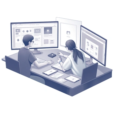 Two illustrators seated at a large shared workspace with multiple monitors displaying their projects in Adobe Illustrator. One illustrator, with short hair and glasses, is pointing at the screen, discussing design elements, while the other, with long hair pulled back, is leaning in, taking notes on a notepad. The workspace is filled with art supplies, sketches, and digital tablets. Various color swatches and design drafts are scattered around, illustrating their collaborative process.