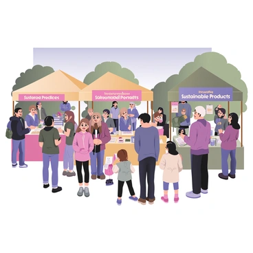 A digital flat illustration depicting an outdoor event with multiple suppliers set up in brightly colored tents. Each tent features banners with phrases like "Innovative Sustainable Products" clearly visible. Various products such as reusable water bottles, solar-powered gadgets, and organic textiles are displayed on tables. The crowd consists of diverse individuals, including families, young adults, and seniors, all engaging with the suppliers. Some people are holding brochures, while others are examining products closely. Lush greenery surrounds the area, and a clear blue sky is overhead, enhancing the lively atmosphere of the event.