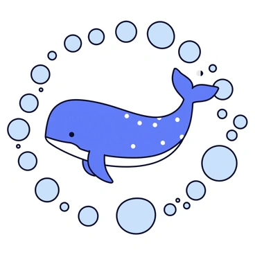 A cartoon illustration of a whale swimming gracefully through a circular ring of bubbles. The whale has a smooth, rounded body in shades of blue with white speckles. The ring of bubbles is composed of various sizes of bubbles, each transparent with a slight sheen. The whale is positioned in the center of the bubble ring, and its tail is slightly raised, emphasizing the motion of swimming. The background is simple and minimalistic, focusing on the whale and the bubbles.