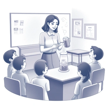 A teacher is standing at the front of a classroom, holding a clear glass container filled with white baking soda. The teacher is in mid-demonstration, pouring a small amount of vinegar from a bottle into the container. The reaction causes large bubbles and fizzing to occur, creating an exciting effect. Surrounding the teacher are a group of kids, their eyes wide with amazement and curiosity as they watch the experiment unfold. The classroom has various educational posters on the walls, and a few desks can be seen in the background, adding context to the scene.