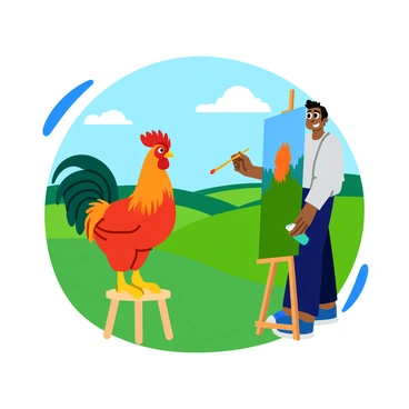 A painter with a paintbrush in hand is focused on a vibrant rooster. The rooster is displaying its colorful plumage, featuring bright reds, oranges, and shimmering greens. The background shows a calm countryside with lush green grass and a few distant trees. Soft clouds drift across a clear blue sky, enhancing the tranquil scene. The painter stands on a wooden stool, with an easel set up in front, capturing the details of the rooster's feathers on canvas.