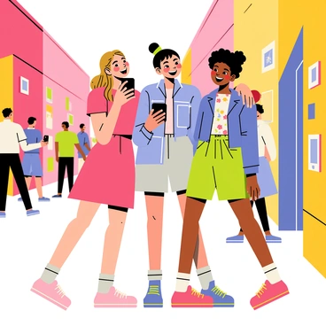 A lively urban scene features three fashionable girls standing on a bustling street. One girl has long wavy hair and is wearing a bright red dress. Another girl has a short bob haircut and is dressed in a stylish denim jacket over a floral top. The third girl has curly hair tied in a high ponytail and is sporting a trendy green skirt. They are all laughing together while holding a smartphone, taking selfies with their arms around each other. Colorful graffiti decorates the nearby walls, and people can be seen walking by in the background, adding to the vibrant atmosphere.