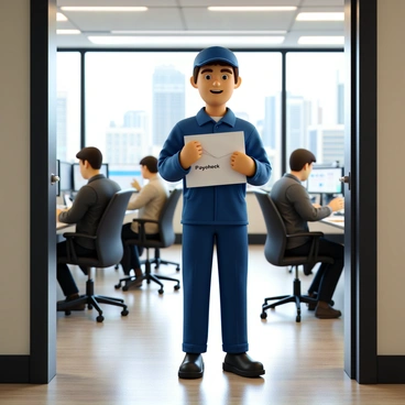 A postal worker with short brown hair, wearing a blue uniform and a cap, is standing in the doorway of a busy office. He holds a stack of white envelopes marked "Paycheck" in his hands. The office interior features several desks occupied by employees who are focused on their work. There are computer screens displaying various graphs and spreadsheets. In the background, a large window reveals a cityscape with tall buildings. The atmosphere is bustling, with some employees glancing towards the postal worker while others are typing on their keyboards.