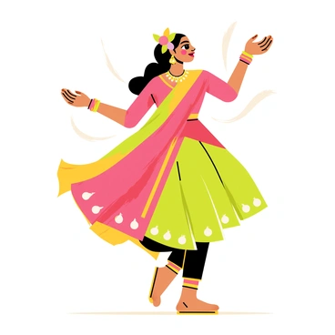An Indian woman dressed in a colorful traditional dance costume, featuring vibrant reds, golds, and greens. She is performing a traditional dance with flowing movements, her arms extended gracefully and fingers poised in expressive mudras. Her long hair is adorned with fresh flowers, and intricate jewelry adorns her ears, neck, and wrists. The background features a simple, abstract representation of a stage setting, ensuring the focus remains on her dynamic pose and the elegance of her movements.