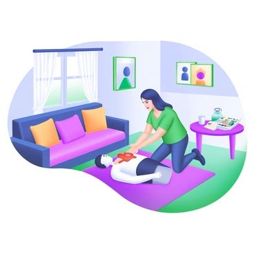 A living room scene featuring a family member performing CPR on a loved one. The family member is a middle-aged person, focused and determined, kneeling beside the loved one, who is lying on a soft, cozy rug. The loved one is a young adult, and there is a look of urgency on the family member's face. Nearby, a couch with colorful throw pillows and a coffee table holding a few magazines and a cup is visible. A window allows soft light to fill the room, casting gentle shadows on the walls adorned with family photos.