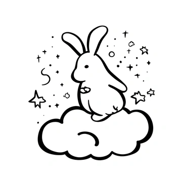 A mystical rabbit sitting gracefully on a cloud, surrounded by swirling patterns of stars and sparkles. The rabbit has fluffy fur and long ears, with a gentle posture. Stars of various sizes are scattered around, creating a dynamic sense of movement. Sparkles are interspersed throughout, adding a magical quality to the scene. The background features a soft gradient representing a twilight sky.