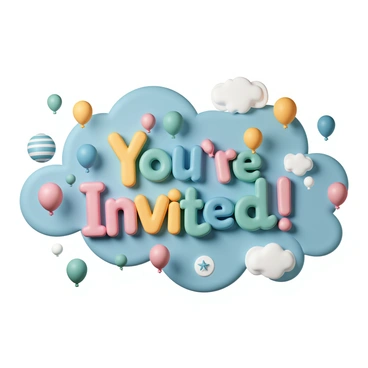 A birthday invitation featuring the phrase "You're Invited!" prominently displayed in vibrant colors. Surrounding the text are numerous colorful balloons in shades of red, blue, yellow, and green, some with patterns like stars and stripes. The balloons are shown floating against a bright blue sky, with a few fluffy white clouds scattered throughout. The overall composition conveys a festive and joyful atmosphere, perfect for a birthday celebration.