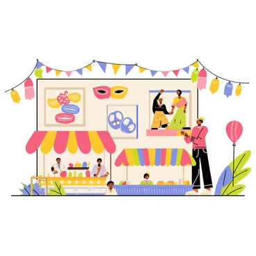 A colorful illustration board showcasing a collage of vibrant elements from a cultural festival. The board features decorative masks in bright hues of red, yellow, and green. There are intricate patterns of traditional textiles displayed alongside images of joyful dancers in elaborate costumes. Colorful food stalls with tempting dishes are arranged, and paper lanterns in various colors hang from the top. Bright flags and banners flutter around, adding movement and excitement to the scene. The overall composition creates a lively atmosphere, celebrating the essence of the festival.
