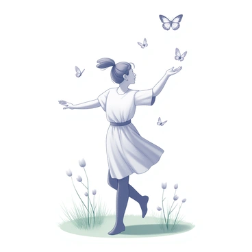 A person standing with their arms slightly outstretched, feeling the gentle breeze. They are wearing a light, flowing outfit that appears to move with the wind. Several butterflies are fluttering around them, showcasing their delicate wings. The background features budding flowers and green grass, suggesting a vibrant springtime atmosphere. The sky above is clear and open, enhancing the sense of tranquility in the scene.