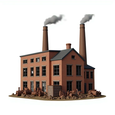An old brick factory building with a weathered red-brick facade. The building features tall, cylindrical chimneys that rise prominently from the roof, some of which emit plumes of thick gray smoke. Windows are framed with peeling paint, and some are broken or boarded up. Surrounding the factory are scattered piles of bricks and rusted machinery, indicating years of disuse. The sky above is overcast, adding a sense of industrial atmosphere to the scene.