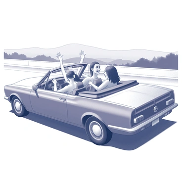A group of four friends is seated in a convertible car, enjoying their ride. The car has a sleek design with an open top that allows the wind to tousle their hair. The friends are laughing and smiling, with one person leaning back against the seat, while another is playfully raising their arms in the air. The highway they are driving on features rolling hills and a distant line of trees, creating an inviting landscape. The sun is shining brightly, casting shadows that highlight the contours of both the car and the friends. The scene captures a moment of joy and adventure on the open road.