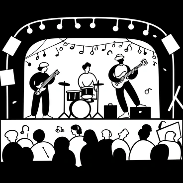A band performing live music on a stage, surrounded by large illustration-themed decorations. The stage is adorned with intricate black-and-white drawings of musical notes and instruments. Band members are engaged with their instruments, including a guitar, drums, and a keyboard. The crowd is visible in front of the stage, with people enjoying the performance. Colorful banners hang from the sides of the stage, enhancing the festive atmosphere. Several spotlights illuminate the band, contrasting with the dark background.
