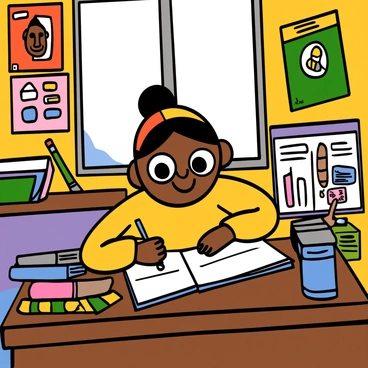Close-up of a young girl with big eyes and black hair, wearing a colorful headscarf. She is sitting at a wooden school desk in a vibrant classroom filled with posters of famous historical figures and educational charts on the walls. Brightly colored learning materials, such as books and stationery, are scattered on the desk around her. The girl is smiling and appears engaged, with her hands resting on the desk and a notebook open in front of her. Sunlight is streaming in through a window, illuminating the cheerful atmosphere.