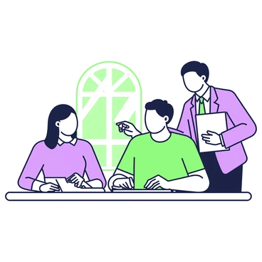 A couple is seated at a desk, focused on signing paperwork. The desk is neatly organized, displaying various documents and a pen. The couple consists of a man and a woman, both dressed in business casual attire. The man is signing his name, while the woman reviews the document beside him. Nearby, a real estate agent stands attentively, wearing a professional suit and holding a clipboard. The agent is smiling and pointing to a section on the paperwork, providing guidance to the couple. The background includes a window with natural light filtering in, illuminating the scene.