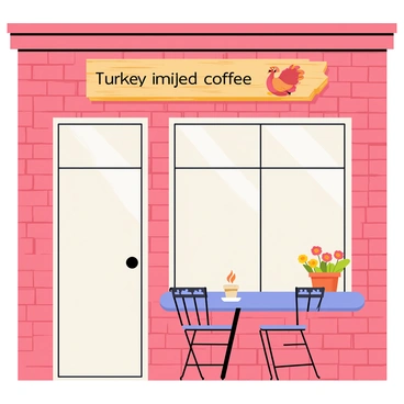 A quaint cafe with a charming exterior made of red bricks and large windows. Above the entrance, there is a wooden sign featuring a cartoon-style "turkey sipping a cup of coffee." The turkey has a cheerful expression and is perched on a steaming coffee cup. Flowers in colorful pots are placed on the windowsills, adding a touch of vibrancy to the scene. A small table with two chairs is set up outside, creating an inviting atmosphere for patrons.