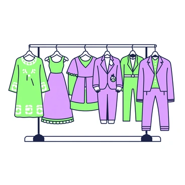 A clothes rack stands prominently, displaying a range of garments that showcase the evolution of fashion from ancient to futuristic styles. On the left side, there is a flowing tunic reminiscent of ancient civilizations, adorned with intricate patterns. Next to it hangs a medieval-style dress with a vibrant bodice and layered skirt. Moving towards the center, a 19th-century suit with a tailored jacket and waistcoat is visible, complete with a pocket watch attached to the jacket. To the right, a modern casual outfit features a sleek jacket and jeans. Finally, on the far right, there is a futuristic ensemble made from metallic materials, complete with geometric shapes and a holographic accessory. The entire display is well-organized and each garment offers a distinct representation of its respective era.