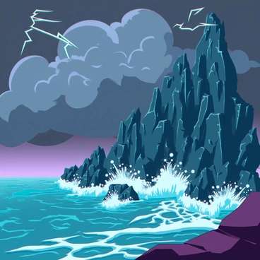 Rocky cliffs with sharp, jagged edges rising steeply from the ground. The cliffs are composed of dark, weathered stone, displaying intricate textures and crevices. Below, a turbulent sea crashes against the rocks, sending up frothy waves that splash violently on impact. The water is a deep blue with hints of green, reflecting the ominous atmosphere. Above, dark, threatening storm clouds gather, swirling in shades of gray and black, casting shadows over the cliffs and ocean. Occasional streaks of lightning illuminate the clouds, highlighting the intensity of the scene.