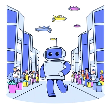 A cartoon robot with a shiny metallic body and large, rounded limbs is walking through a bustling city. The robot has bright blue eyes and a friendly expression. Surrounding the robot are tall, sleek buildings with large windows reflecting the sunlight. In the sky above, several colorful floating vehicles are moving in various directions. The streets are filled with small groups of people, some stopping to look at the robot with curiosity. The ground is smooth and paved, and vibrant plants are placed along the walkways.