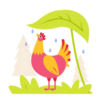 A colorful rooster with bright red and orange feathers is taking refuge under a large, green leaf. The rooster is perched on the ground, looking up with its beady eyes while droplets of water from the gentle rain shower fall around it. The large leaf provides a sheltering canopy, with water glistening on its surface. Surrounding the scene are patches of vibrant green grass, and the background features soft, blurred outlines of trees, creating a tranquil atmosphere.