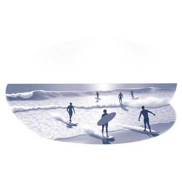 A sandy beach with several surfers riding waves in the foreground. Some surfers are standing on their boards, skillfully balanced, while others are paddling through the water. The ocean waves are crashing against the shore, creating foam and splashes around the surfers. In the background, the vast ocean extends towards the horizon, where the sky meets the water. The sun can be seen shining brightly above, casting shadows on the beach and highlighting the dynamic movements of the surfers.