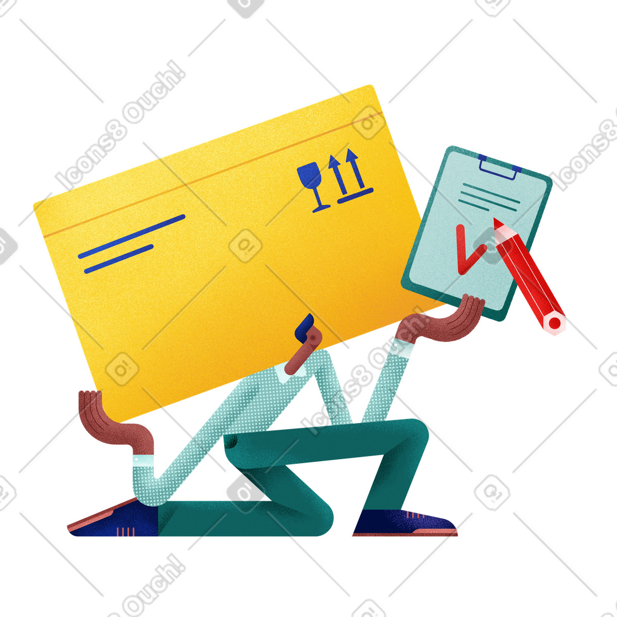 Willowy 스타일의 Courier holding big shipping box and clipboard, delivery service logistics 일러스트레이션 PNG, SVG 다운로드