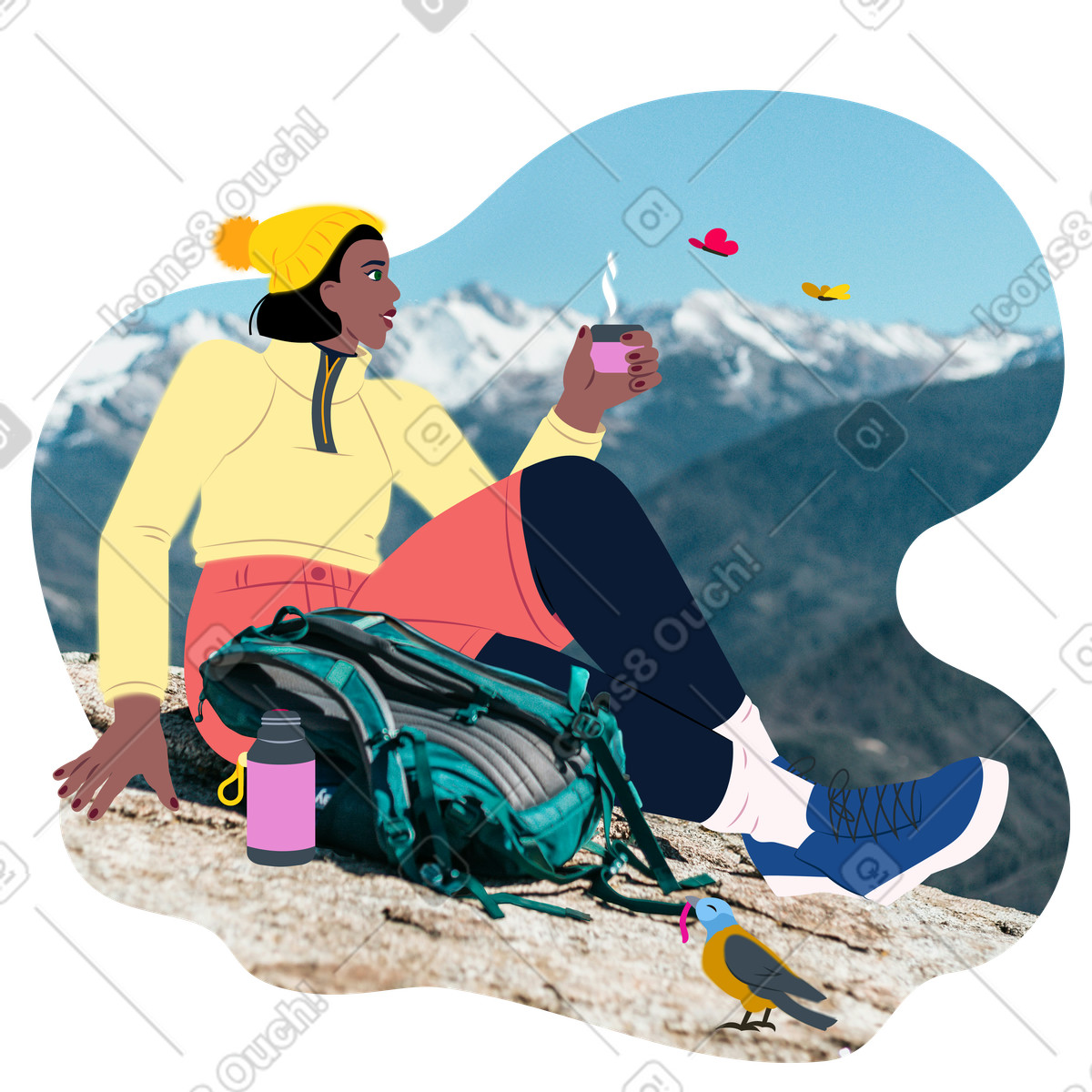 Young woman hiking and relaxing on a peak animated illustration in Everyday style download in GIF, Lottie (JSON), AE