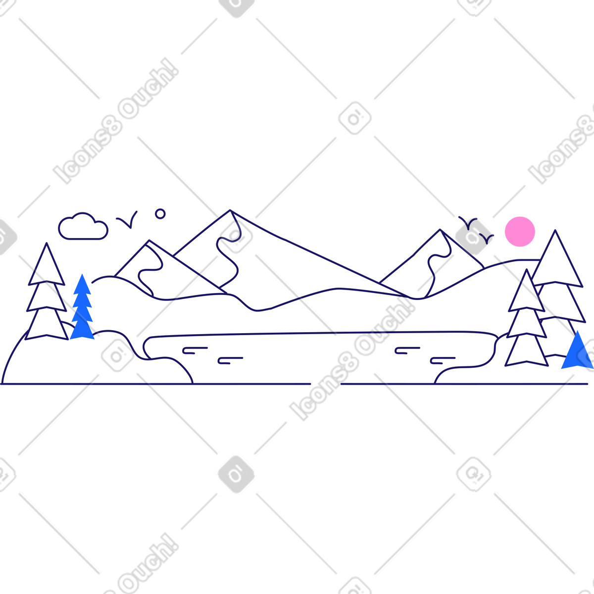 Montagne con foresta e fiume per lo sfondo illustrazione in stile Matey scarica in PNG, SVG