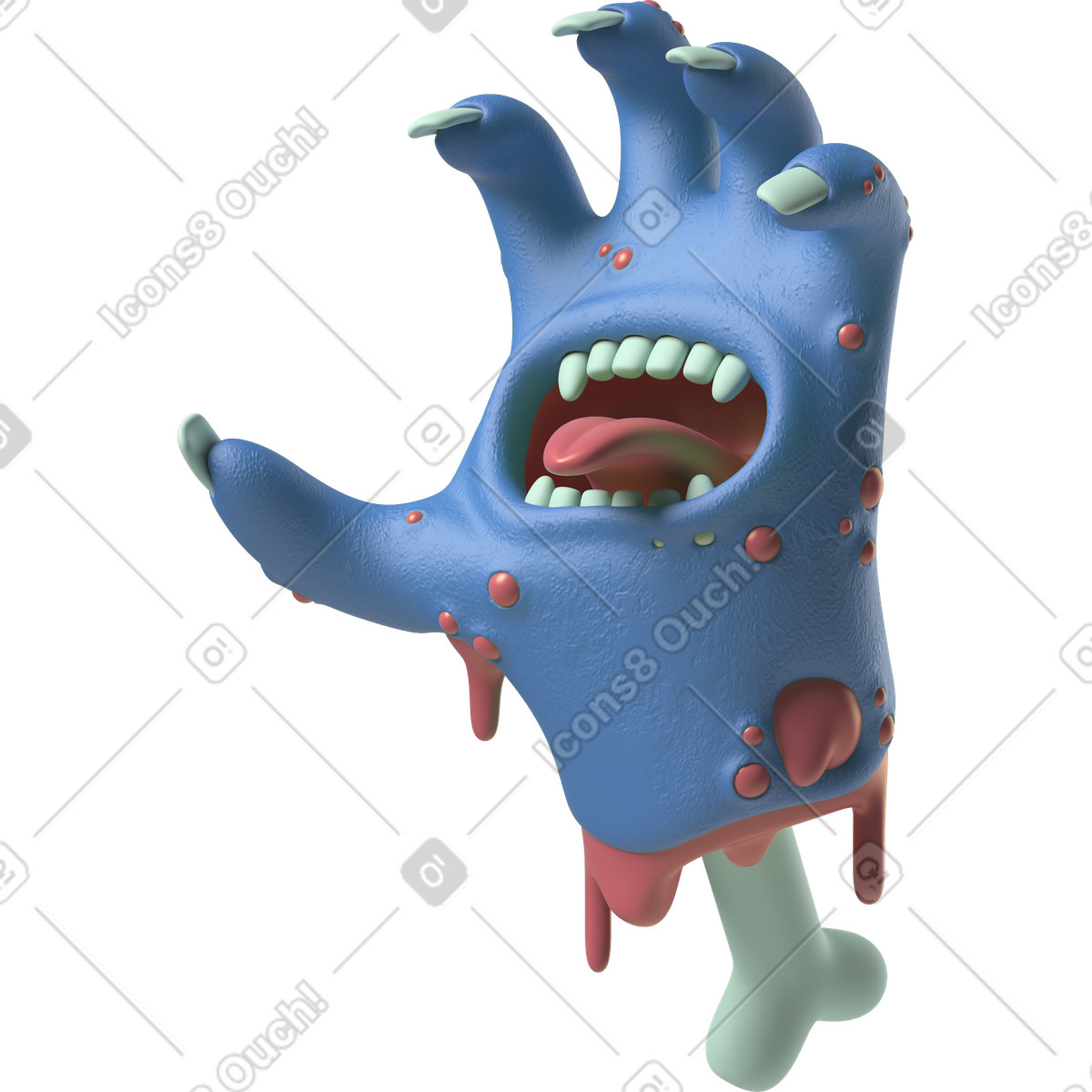 Screaming blue zombie hand with a mouth on the palm illustration in 3D Hands Fun&Wild style download in PNG, SVG