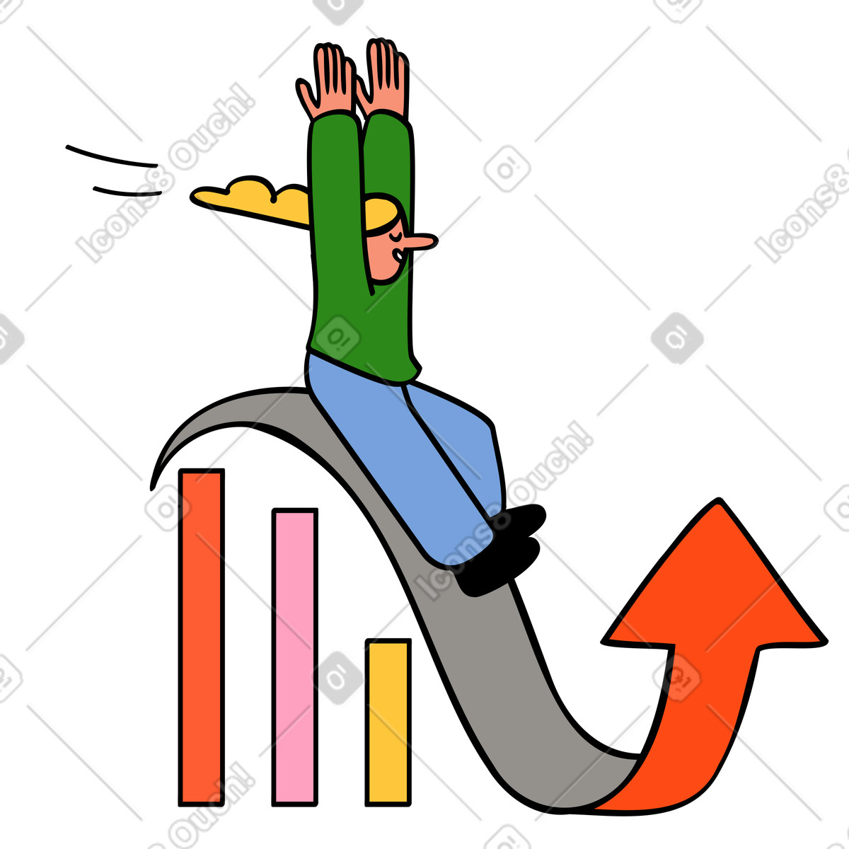 Frau rutscht von diagrammpfeil ab-Illustration im Comic-Stil als Download in PNG, SVG