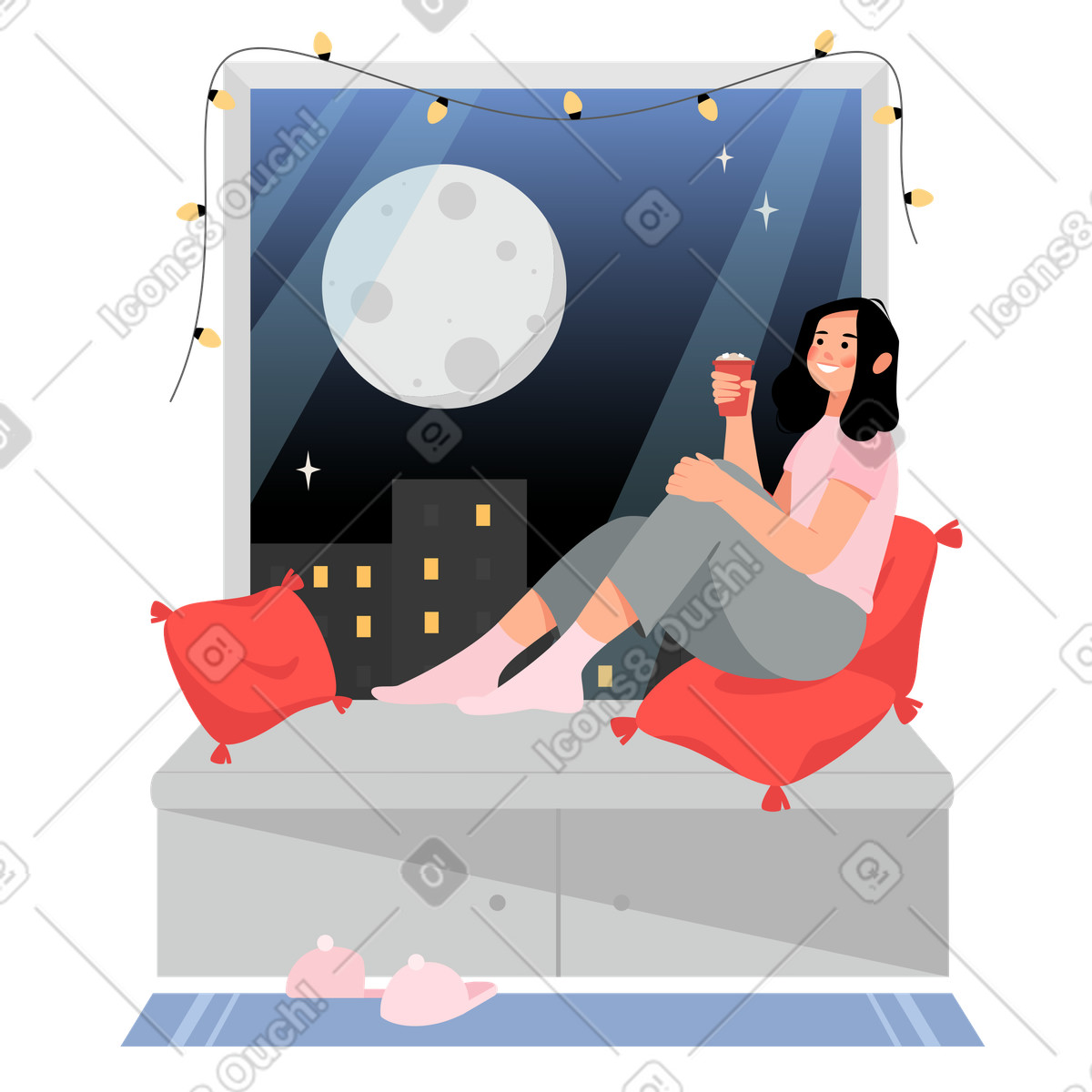 Mädchen, das den mond betrachtet-Illustration im Lagom-Stil als Download in PNG, SVG