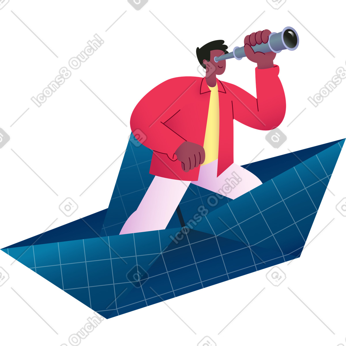 Man with spyglass in a paper boat illustration Colors style download PNG, SVG