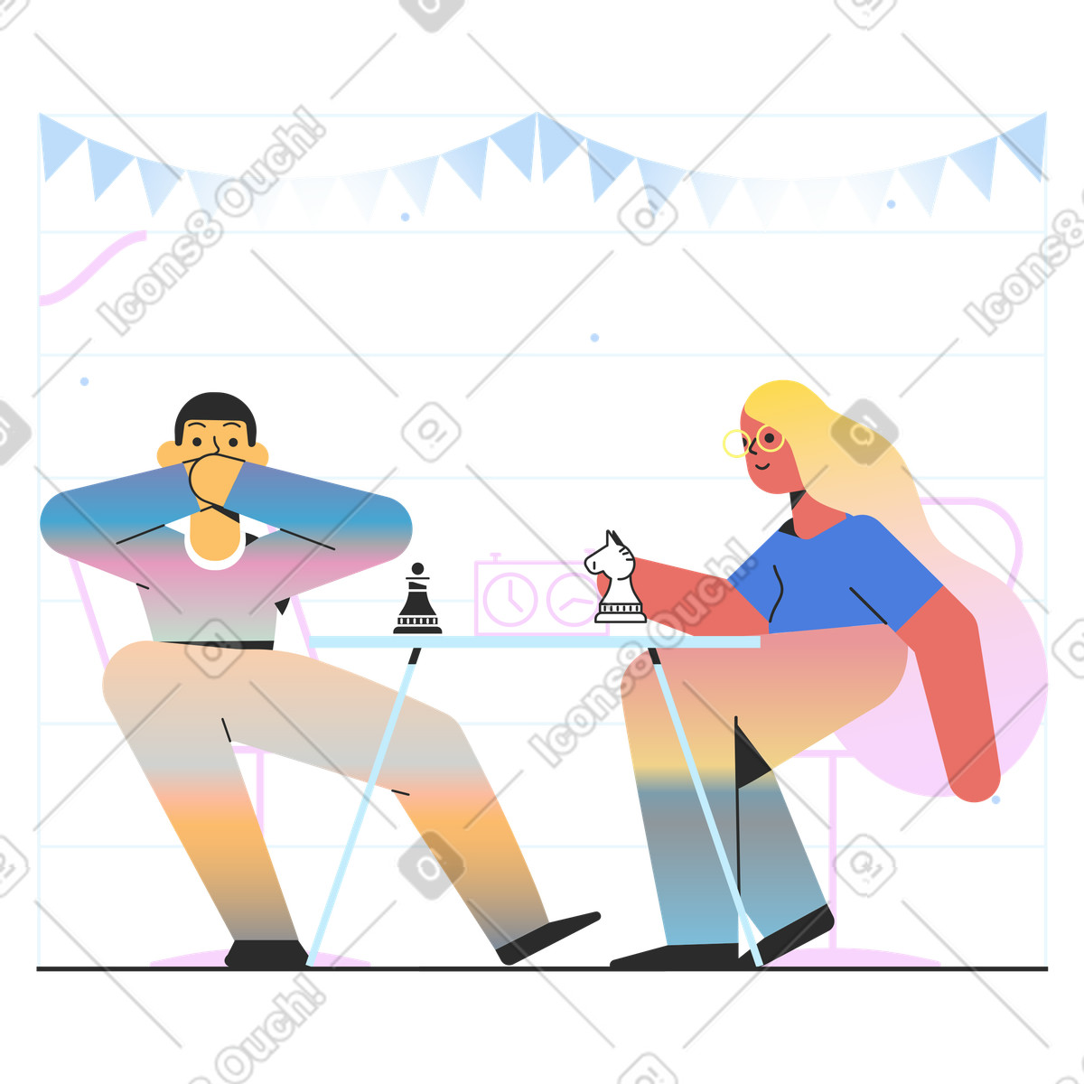 Friends competing in chess match, Cognitive skills and critical thinking illustration Marginalia style download PNG, SVG