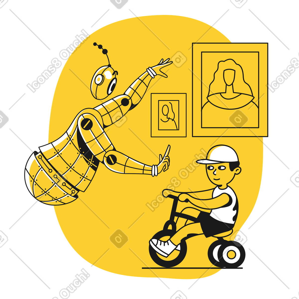 Ilustración Robot cuidador de museo detiene a un niño en bicicleta estilo Taxi descargar PNG y SVG