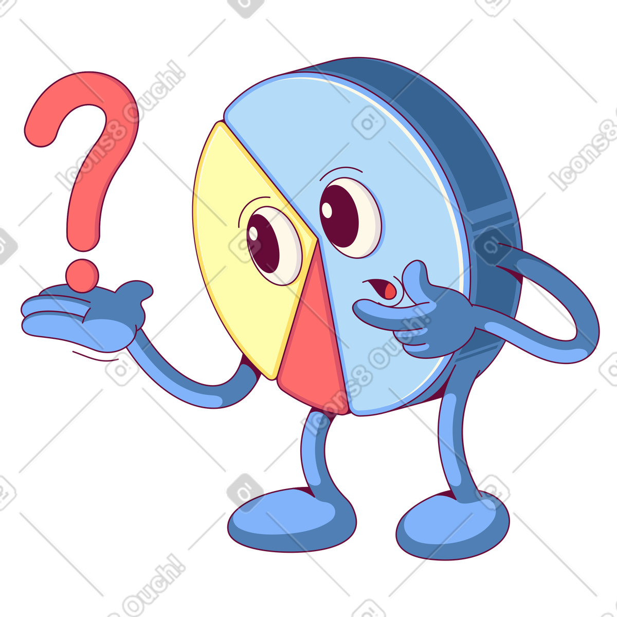 Illustration Mascotte de diagramme circulaire tenant un point d'interrogation, analyse et interprétation des données dans le style Handy à télécharger aux formats PNG, SVG
