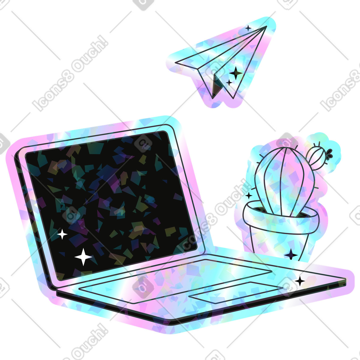 Computer portatile, cactus in vaso e invio di messaggi tramite aeroplanino carta illustrazione stile Holostickers scarica PNG, SVG