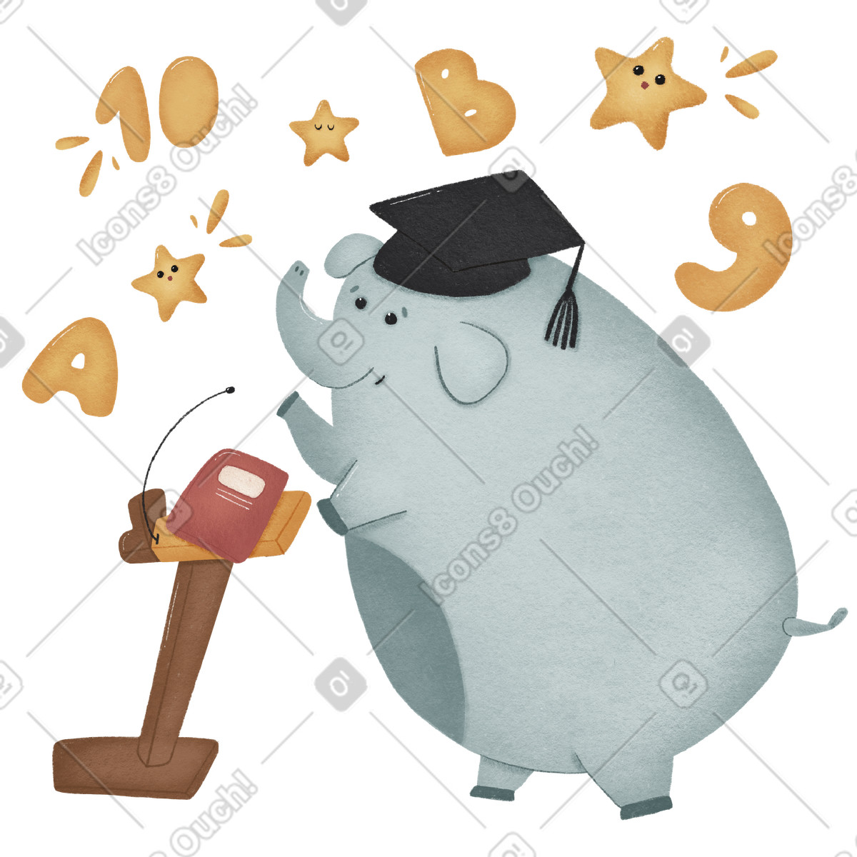 Elefantenfigur hält eine abschlussrede-Illustration im Woolly-Stil als Download in PNG, SVG