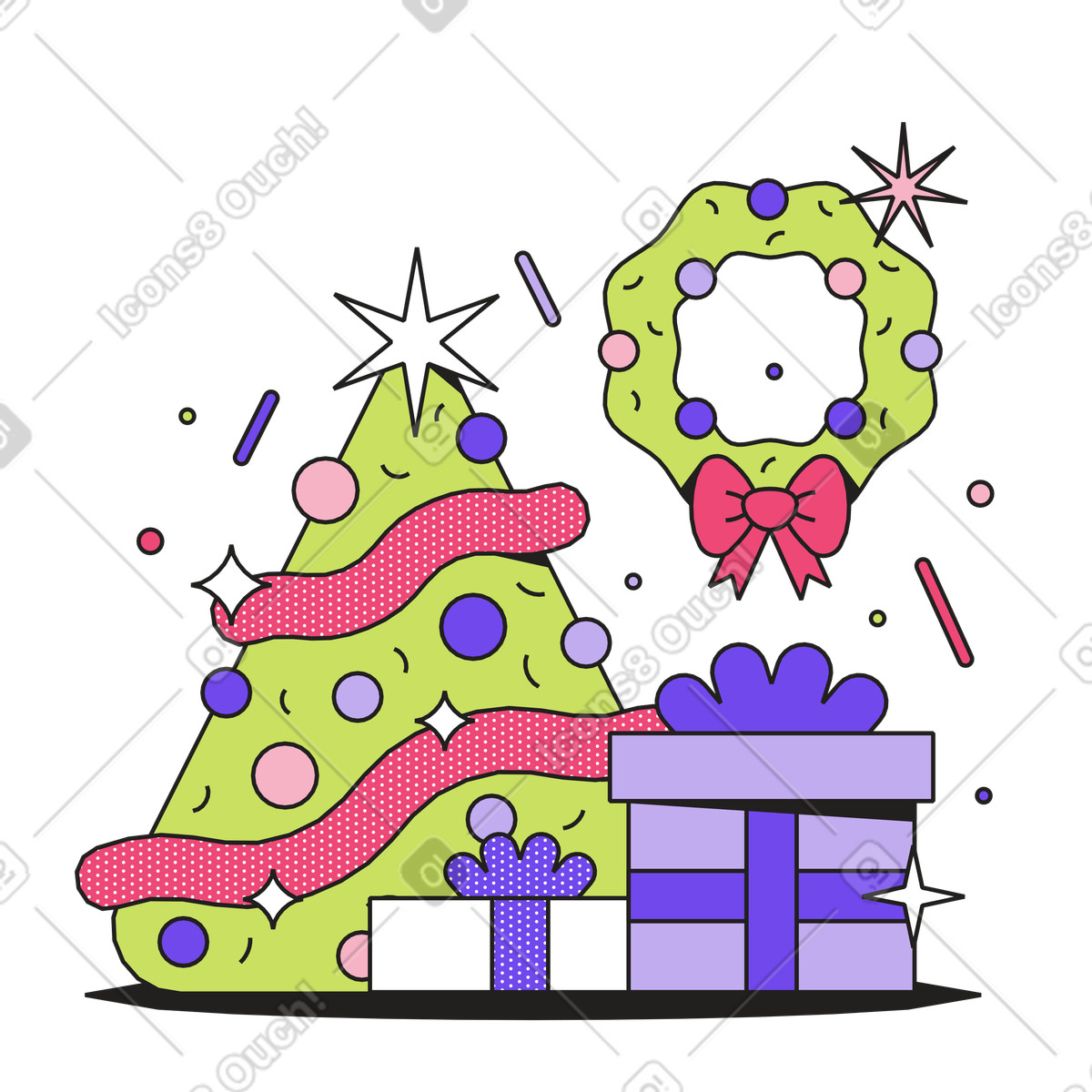 Albero di natale, regali e corona illustrazione animata in stile Dazzle scaricabile in GIF, Lottie (JSON), AE