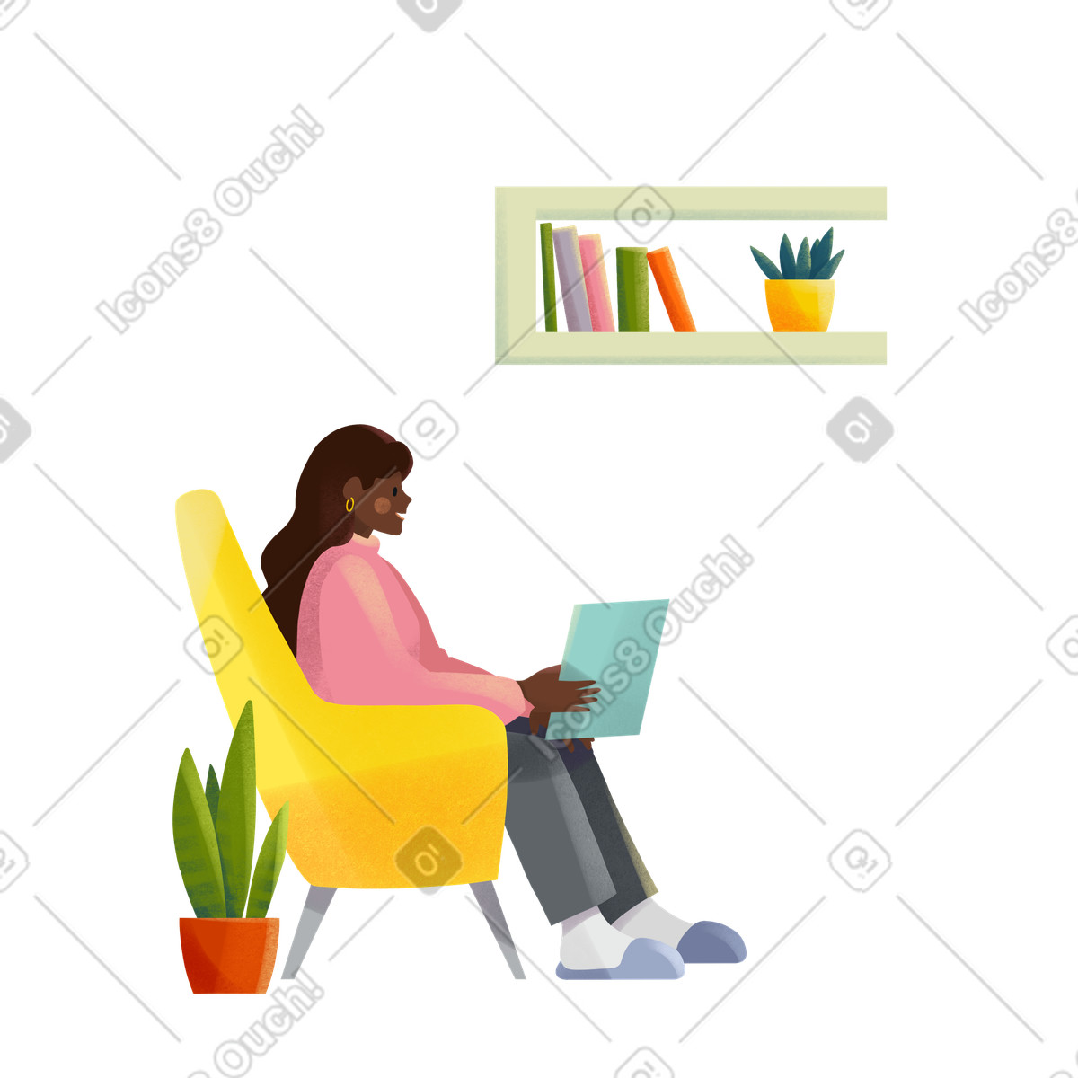 Young woman psychologist sitting in yellow armchair illustration Shine style download PNG, SVG