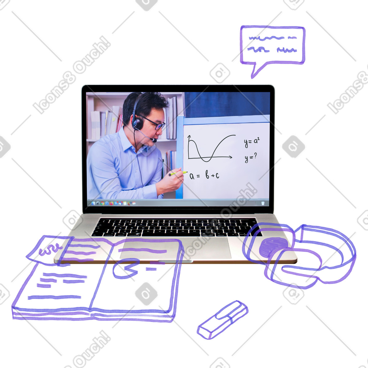 Laptop with online lesson illustration in Marker style download in PNG, SVG