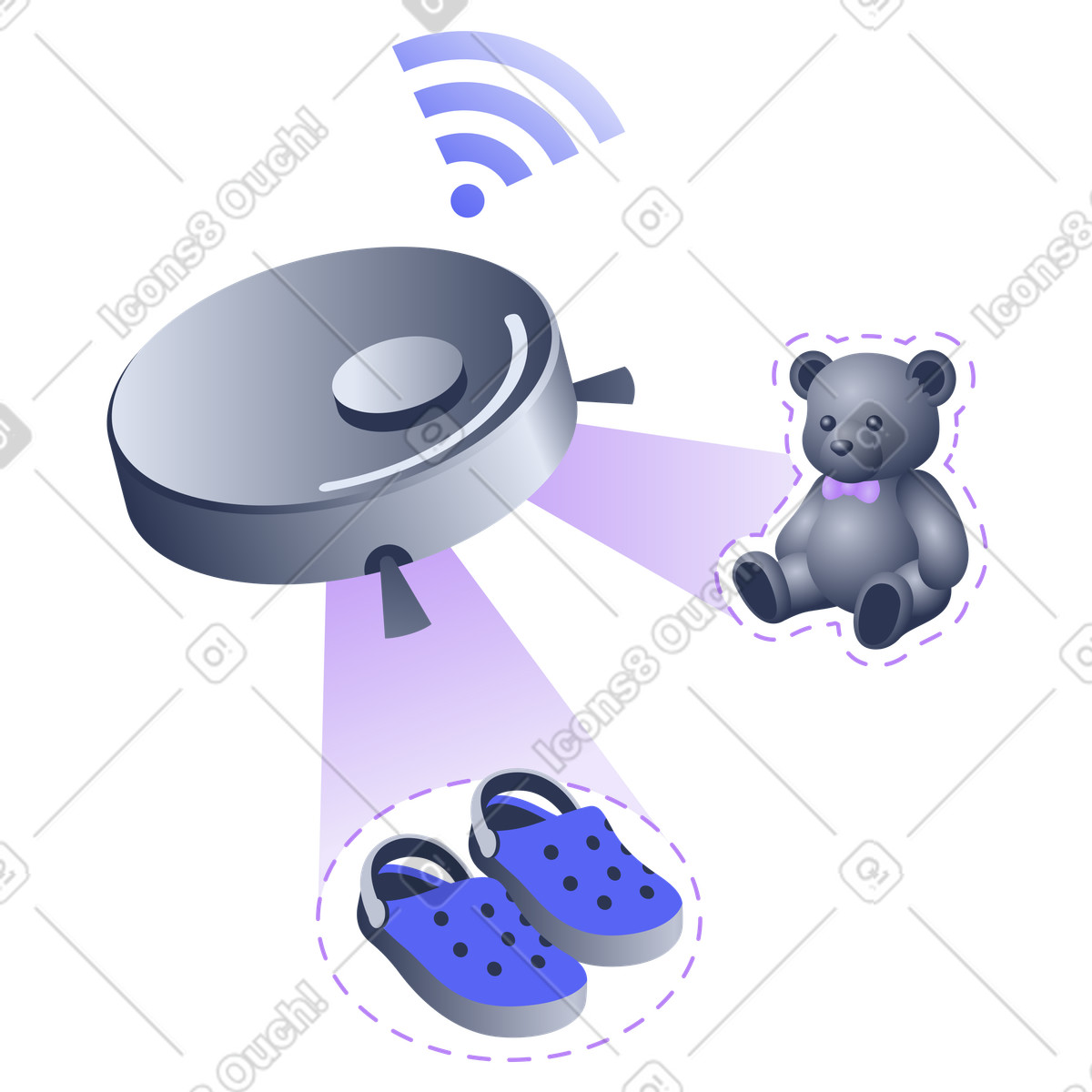 Robot vacuum detecting obstacles, AI-Powered Home Cleaning Robot, IoT Floor Cleaner with Object Recognition illustration in Lucent style download in PNG, SVG