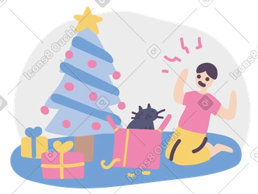 Boy scared of a cat in a gift box PNG, SVG
