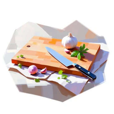 A rustic wooden cutting board with knife marks and distinct grain