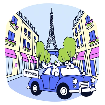 A classic car decorated with a "Just Married" sign is cruising down a charming Parisian street. The car is adorned with white ribbons and flowers. In the background, the iconic Eiffel Tower is visible, framed by quaint buildings with awnings and window boxes filled with flowers. The cobblestone street is lined with trees, and the sky above is clear and blue.