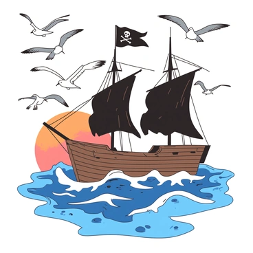 A flock of seagulls with white feathers and gray tips is circling above a wooden pirate ship. The ship has tattered black sails flapping in the wind and a large skull and crossbones flag waving at the top of the mast. The ocean waves below the ship are a deep blue, contrasting with the white foam created by the churning water. The seagulls are depicted with their wings spread wide, gliding effortlessly through the air, while some are diving down towards the ship, searching for food. The sun is setting in the background, casting an orange glow on the scene.