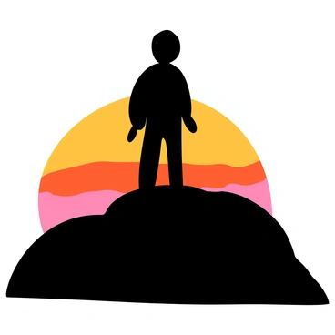 A silhouette of a person standing on a hilltop with arms hanging loosely by their sides. The person's features are indistinct, highlighting the emotional context. The sky in the background is filled with warm hues of orange and pink as the sun sets on the horizon. The landscape is gently rolling, with soft shadows cast by the setting sun, emphasizing the solitude of the scene.