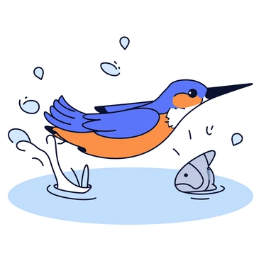 A kingfisher with vibrant blue and orange feathers is captured mid-dive, its wings partially spread. The bird's sharp beak is just above the water's surface, aiming for a shimmering silver fish. Droplets of water are splashing upwards around the bird as it breaks the water's surface, creating a dynamic scene. The background features hints of green foliage reflecting on the water's surface.