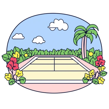 A padel court surrounded by lush, tropical vegetation. The court is made of light-colored concrete and features white lines marking the boundaries. Vibrant red and yellow flowers grow along the edges of the court, adding a pop of color to the scene. Above, the sky is clear blue with a few fluffy white clouds scattered throughout, creating a bright and sunny atmosphere. Tall palm trees are visible in the background, swaying gently in the breeze.